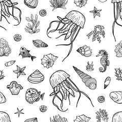 Seamless pattern with cute hand drawn jellyfish, fish and shells. Vector outline background. May use as coloring page