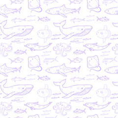Seamless pattern with cute hand drawn marine animals, fish and shells. Vector background. 