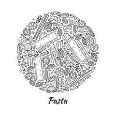 Round composition with differend types of pasta. Vector food illustration. May use as a coloring page.