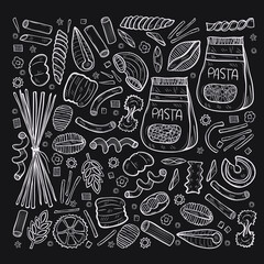 Hand drawn set with different types of pasta. Vector food illustration. 