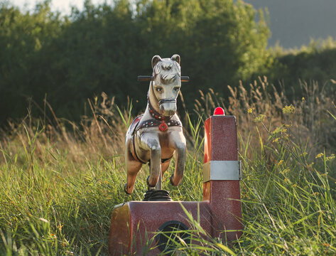 coin operated toy, rocking horse, in the middle of the field