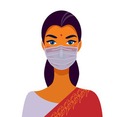 Indian woman in traditional dress and face mask. Portrait of a beautiful girl. Avatar. Face