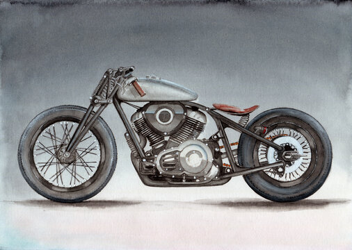 Watercolor illustration of a custom motorcycle on a grey background with it’s shadow