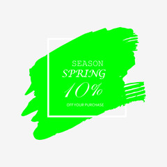 10% off spring season sign in white brush over green frame acrylic stroke paint abstract texture background vector illustration. Acrylic grunge ink paint brush stroke. Offer layout design for shop.