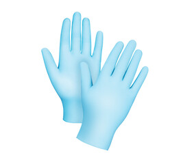 Medical gloves.Two blue surgical gloves isolated on white background with hands. Rubber glove manufacturing, human hand is wearing a latex glove. Doctor or nurse putting on protective gloves