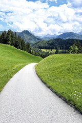 Narrow curved road between grass pastures in Austrian Alps