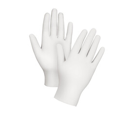 Fototapeta na wymiar Medical gloves.Two white surgical gloves isolated on white background with hands. Rubber glove manufacturing, human hand is wearing a latex glove. Doctor or nurse putting on protective gloves