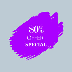 80% special offer sign over art purple brush acrylic stroke paint abstract texture background vector illustration. Acrylic paint brush stroke. Grunge ink brush stroke. Offer layout design for shop.