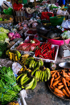 stack of fruits and vegetables in indonesian local market
