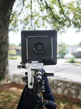 Large format box camera on tripod for tintypes