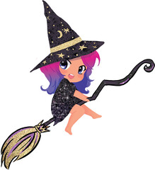 Cute Halloween shiny chibi witch baby girl with the broom kawaii party illustration