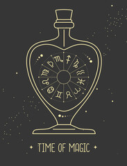 Modern witchcraft magic card with astrology  horoscope wheel in glass bottle on space background. Vector illustration