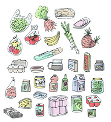 set of colored drawings on the theme : grocery shopping
