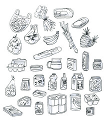 set of black and white drawings on the theme : grocery shopping