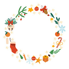 Vector christmas wreath on white background with decorative elements. Design for greeting cards, banners, flyers. Hand drawn illustation.