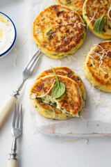 Cottage cheese pancakes with spinach and cheese.