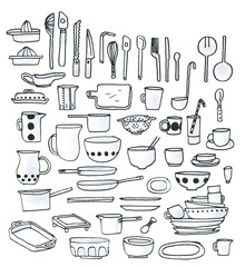set of black and white drawings on the theme : kitchen tools