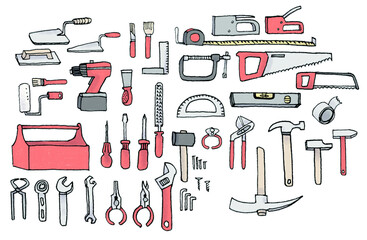 set of colored drawings on the theme : tools