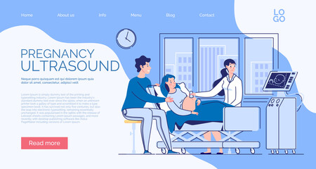 Website banner maternal health perinatal period. Pregnant wife with her husband consultation. Ultrasound fetus. Doctor shows child on the monitor screen tells parents-to-be about his development.