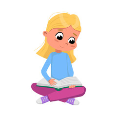 Cute Blonde Girl Sitting on Floor with Crossed Legs and Reading Book, Preschooler Kid or Elementary School Student Enjoying Literature Cartoon Style Vector Illustration