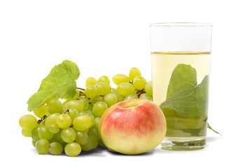 Glass of fresh fruit juice with bunch of sweet green grape and apple isolated on white background.