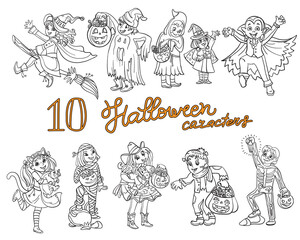 Vector cartoon halloween illustration coloring characters set