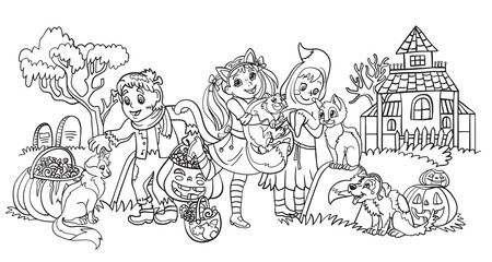 Fototapeta premium Vector coloring cartoon illustration children celebrating Halloween.