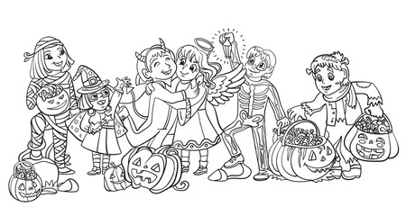 Fototapeta na wymiar Vector cartoon halloween illustration children in costumes
