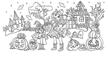 Obraz premium Vector cartoon halloween illustration sisters in costumes