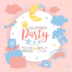 Slumber Party Invitation Banner Template, Light Pink and Blue Childish Pajama Party Card Cartoon Vector Illustration