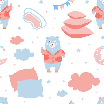 Pajama Party Seamless Pattern, Good Night, Nursery or Baby Shower Backdrop, Wallpaper, Packaging, Textile Design Cartoon Vector Illustration