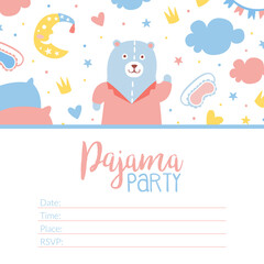 Pajama Party Invitation Card Template, Childish Slumber Pyjama Overnight Sleepover Card Cartoon Vector Illustration