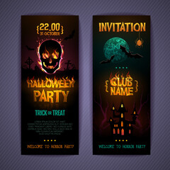 Halloween disco party poster with burning letters and human skull silhouette. Invitation design. Halloween background