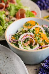many beautiful dishes and salads for the buffet
