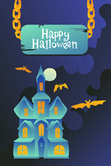 Gothic haunted house on a dark background. Bats fly against the background of the full moon. Scary halloween party card.