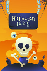 Skull with bones over a cauldron of potion on a bright orange background. Halloween party invitation. Happy Halloween!