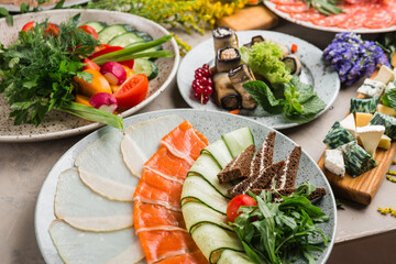 many beautiful dishes and salads for the buffet