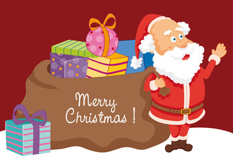 Funny Santa Claus carrying a big bag of toys. Vector illustration, text isolated for Christmas cards.