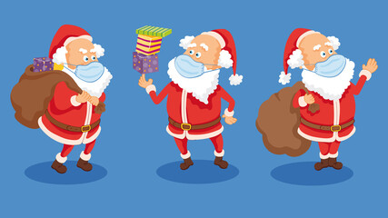 Dessin Père Noël portant un masque masque chirurgical pour se proteger du coronavirus covid. Lot de 3 positions. Vectoriel