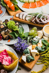 many beautiful dishes and salads for the buffet