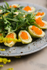 many beautiful dishes and salads for the buffet