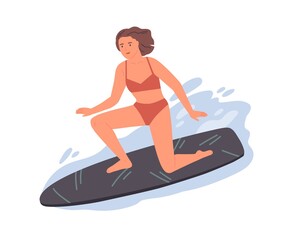 Sportswoman in swimsuit standing one knee on surfboard ride at wave vector flat illustration. Surfer female demonstrate trick enjoying seasonal extreme sports isolated. Woman at sea or ocean water