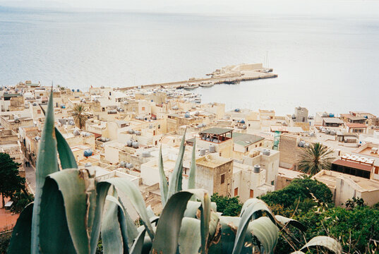 View on Whitewashed Mediterranean Seaside Village Shot on Film