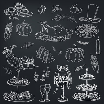 Thanksgiving day menu doodle icons Vector illustration on chalkboard. Vector illustration