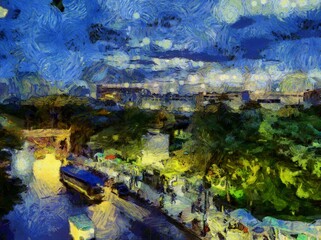 Fototapeta na wymiar Landscape of Bangkok and its people Illustrations creates an impressionist style of painting.