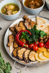 many beautiful dishes and salads for the buffet
