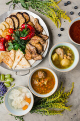 many beautiful dishes and salads for the buffet