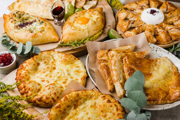 assortment of Caucasian bread khachapuri and pasties
