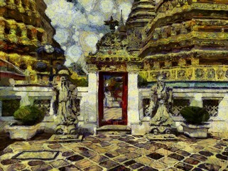 Obraz premium Wat Phra Chetuphon (Wat Pho), is located behind the splendid Temple of the Emerald Buddha Illustrations creates an impressionist style of painting.