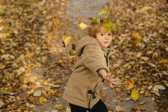 A young boy throwing leaves at the camera